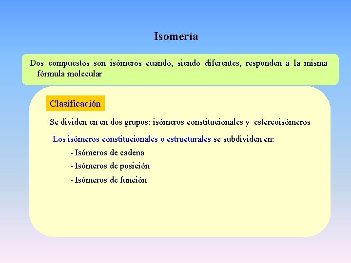 Isomería Dos compuestos son isómeros cuando, siendo diferentes, responden a la misma fórmula molecular