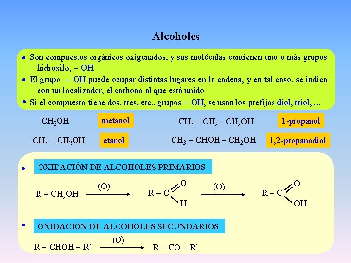 Alcoholes Son compuestos orgánicos oxigenados, y sus moléculas contienen uno o más grupos hidroxilo,