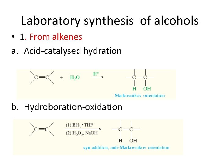 Laboratory synthesis of alcohols • 1. From alkenes a. Acid-catalysed hydration b. Hydroboration-oxidation 