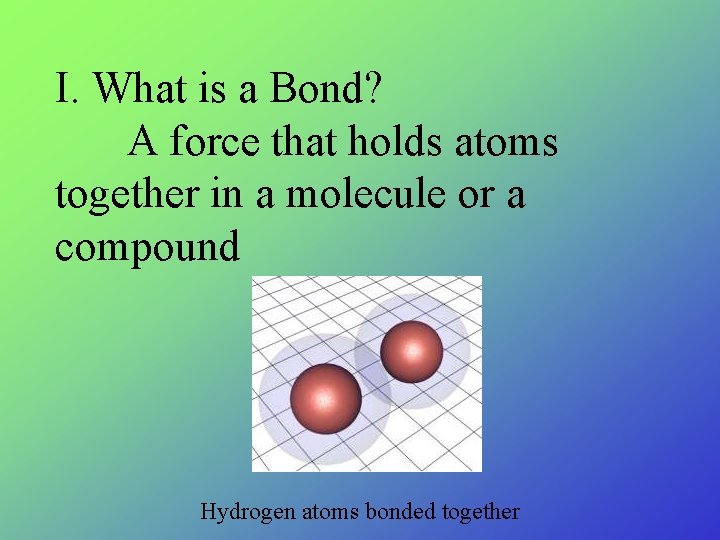 I. What is a Bond? A force that holds atoms together in a molecule