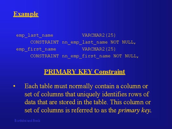Example emp_last_name VARCHAR 2(25) CONSTRAINT nn_emp_last_name NOT NULL, emp_first_name VARCHAR 2(25) CONSTRAINT nn_emp_first_name NOT