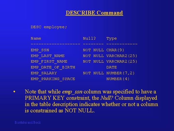 DESCRIBE Command DESC employee; Name Null? Type -----------EMP_SSN NOT NULL CHAR(9) EMP_LAST_NAME NOT NULL