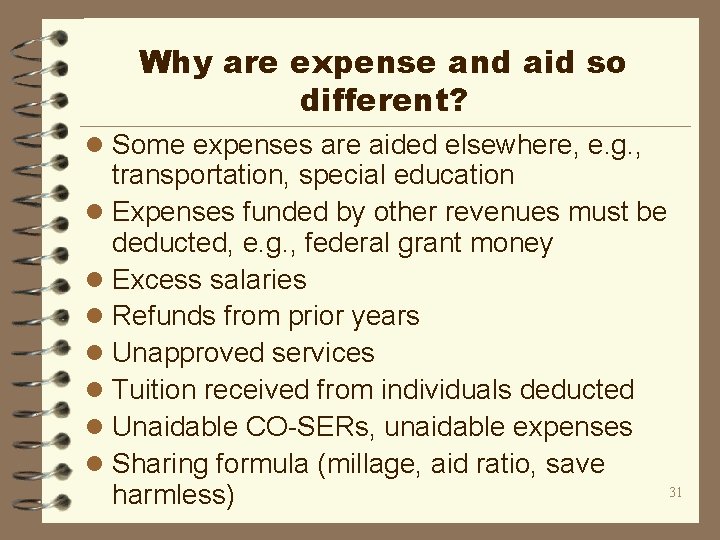 Why are expense and aid so different? l Some expenses are aided elsewhere, e.