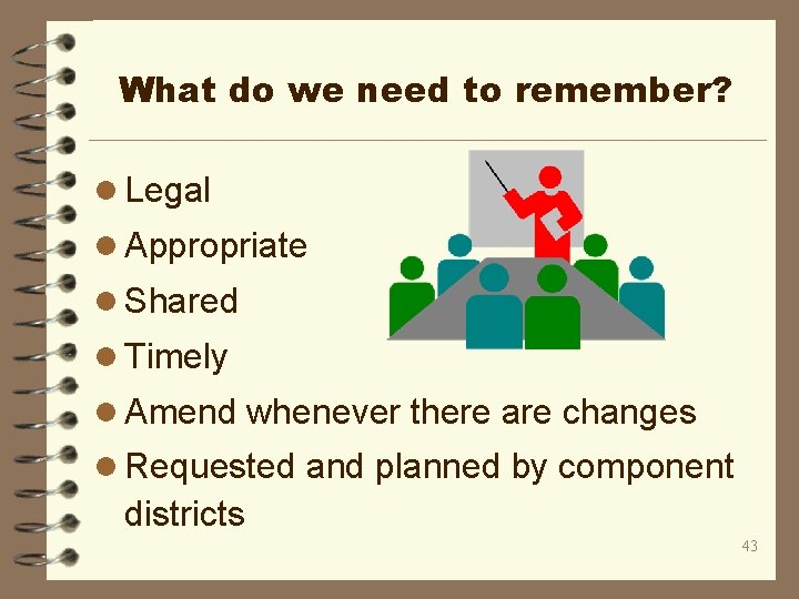 What do we need to remember? l Legal l Appropriate l Shared l Timely