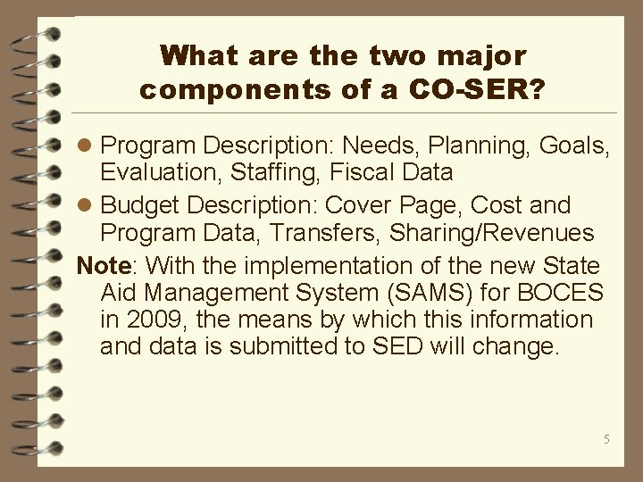 What are the two major components of a CO-SER? l Program Description: Needs, Planning,