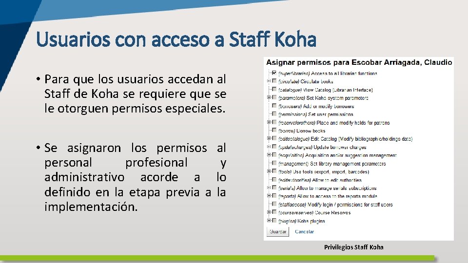 Usuarios con acceso a Staff Koha • Para que los usuarios accedan al Staff