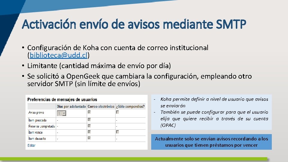 Activación envío de avisos mediante SMTP • Configuración de Koha con cuenta de correo