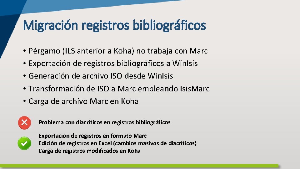 Migración registros bibliográficos • Pérgamo (ILS anterior a Koha) no trabaja con Marc •