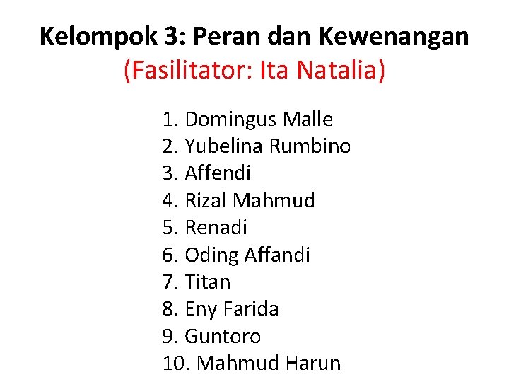 Kelompok 3: Peran dan Kewenangan (Fasilitator: Ita Natalia) 1. Domingus Malle 2. Yubelina Rumbino