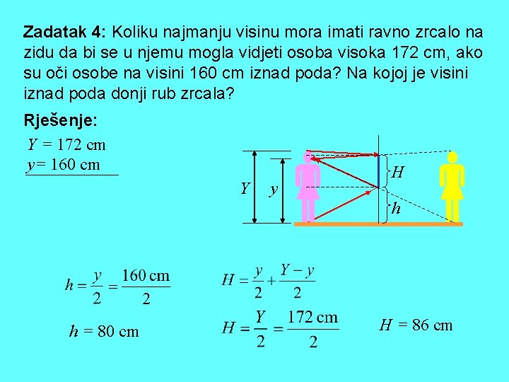 Zadatak 4: Koliku najmanju visinu mora imati ravno zrcalo na zidu da bi se