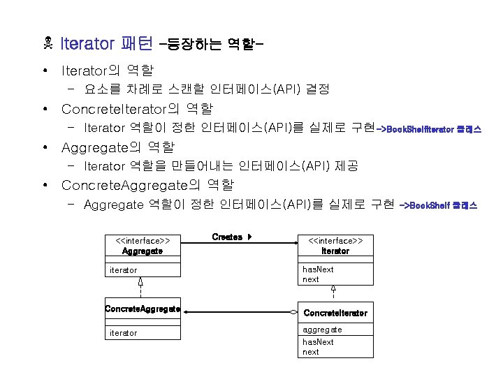 N Iterator 패턴 –등장하는 역할 • Iterator의 역할 – 요소를 차례로 스캔할 인터페이스(API) 결정