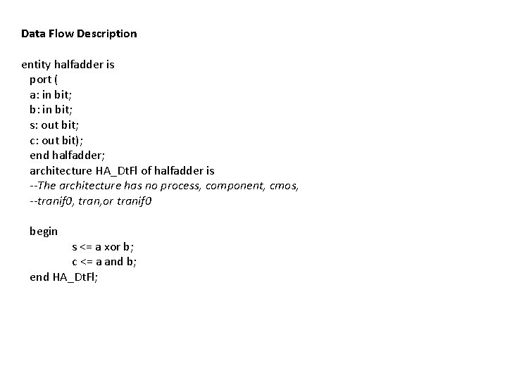 Data Flow Description entity halfadder is port ( a: in bit; b: in bit;