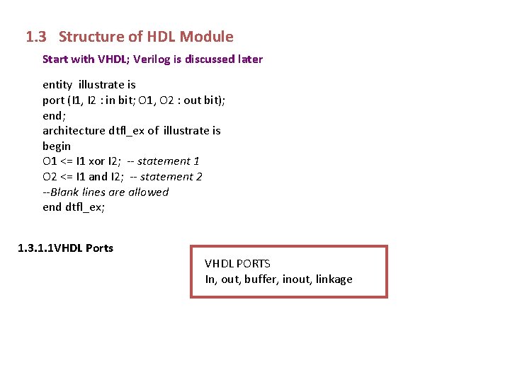 1. 3 Structure of HDL Module Start with VHDL; Verilog is discussed later entity