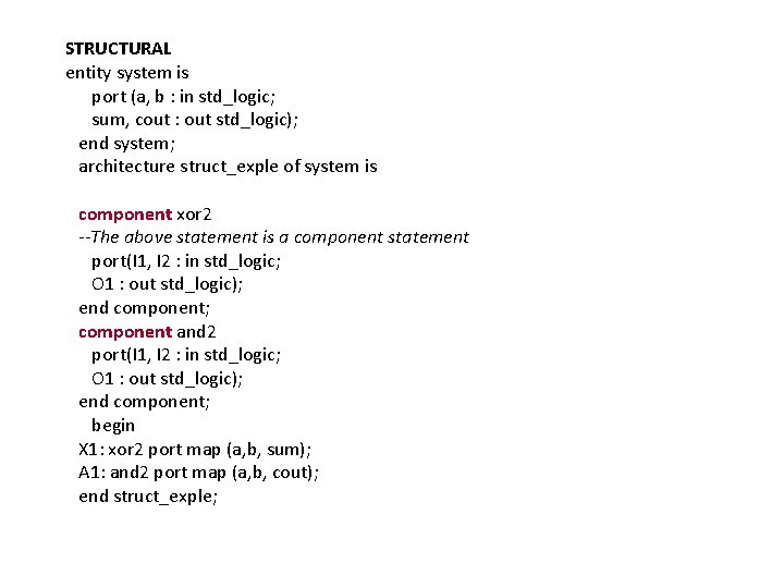 STRUCTURAL entity system is port (a, b : in std_logic; sum, cout : out