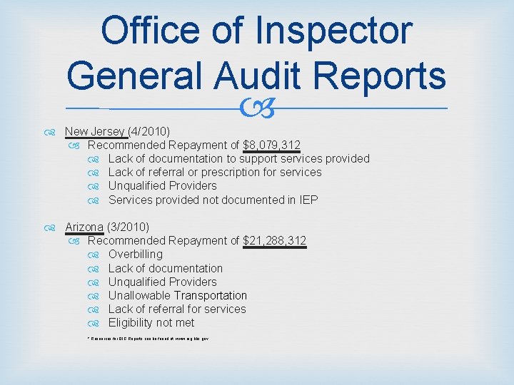 Office of Inspector General Audit Reports New Jersey (4/2010) Recommended Repayment of $8, 079,