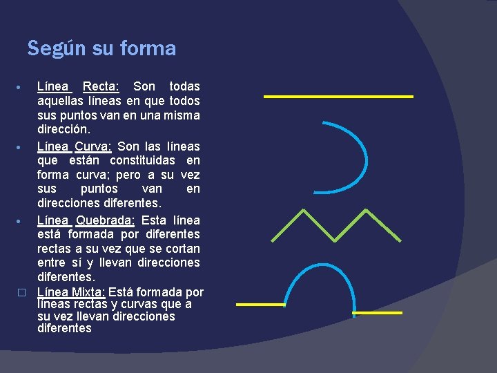 Según su forma Línea Recta: Son todas aquellas líneas en que todos sus puntos