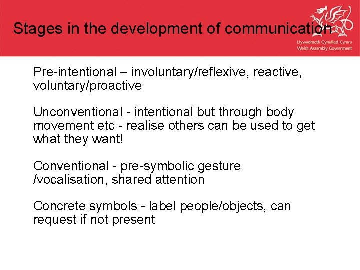 Stages in the development of communication Pre-intentional – involuntary/reflexive, reactive, voluntary/proactive Unconventional - intentional