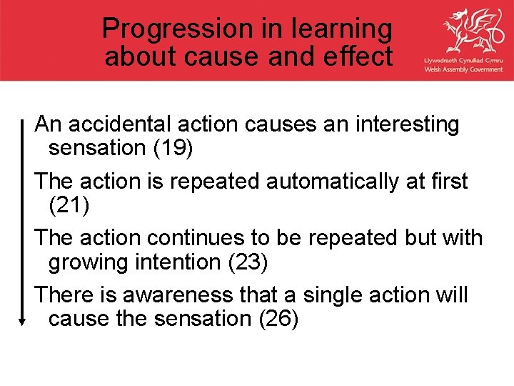 Progression in learning about cause and effect An accidental action causes an interesting sensation