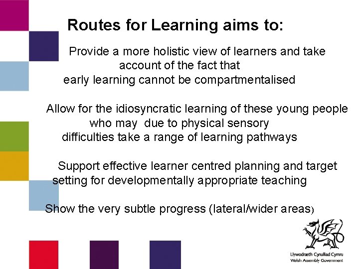 Routes for Learning aims to: Provide a more holistic view of learners and take