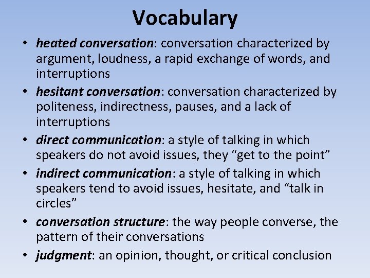 Vocabulary • heated conversation: conversation characterized by argument, loudness, a rapid exchange of words,