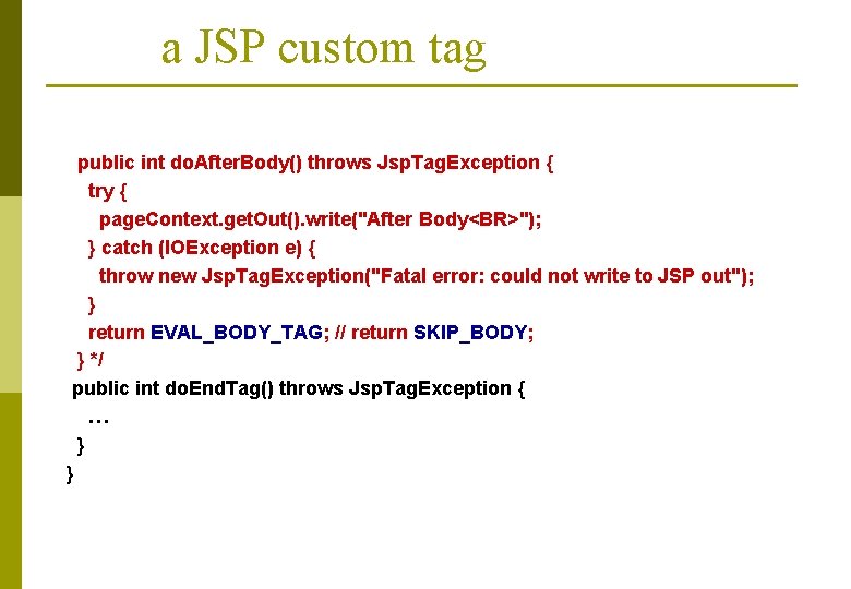 a JSP custom tag public int do. After. Body() throws Jsp. Tag. Exception {
