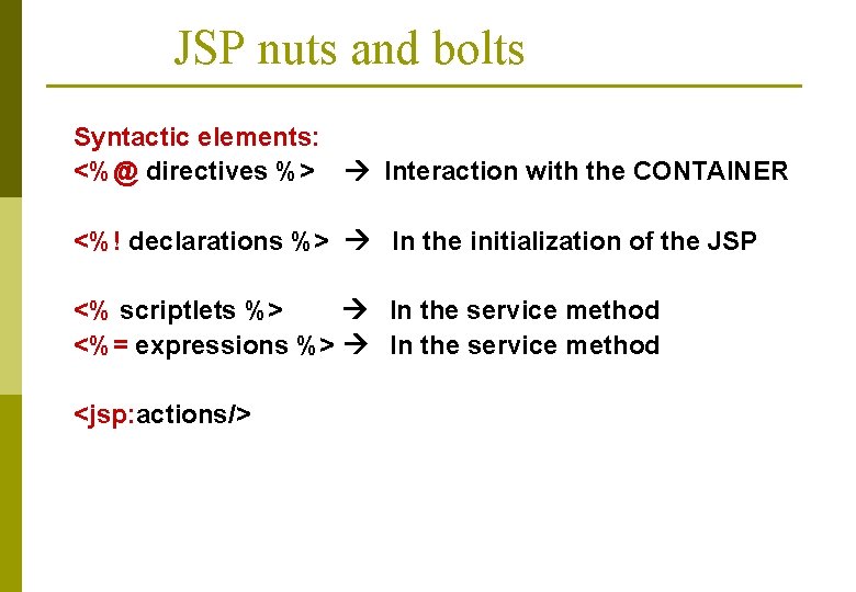 JSP nuts and bolts Syntactic elements: <%@ directives %> Interaction with the CONTAINER <%!