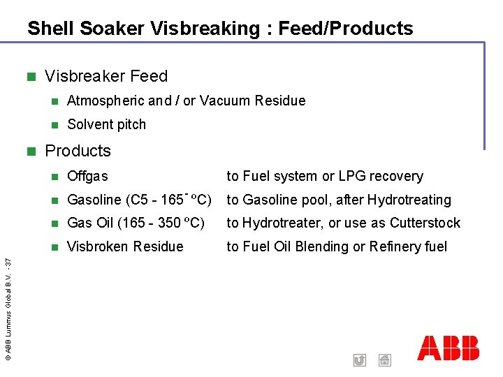 Shell Soaker Visbreaking : Feed/Products © ABB Lummus Global B. V. - 37 Visbreaker