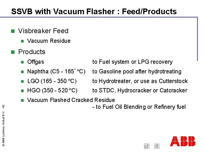 SSVB with Vacuum Flasher : Feed/Products Visbreaker Feed © ABB Lummus Global B. V.