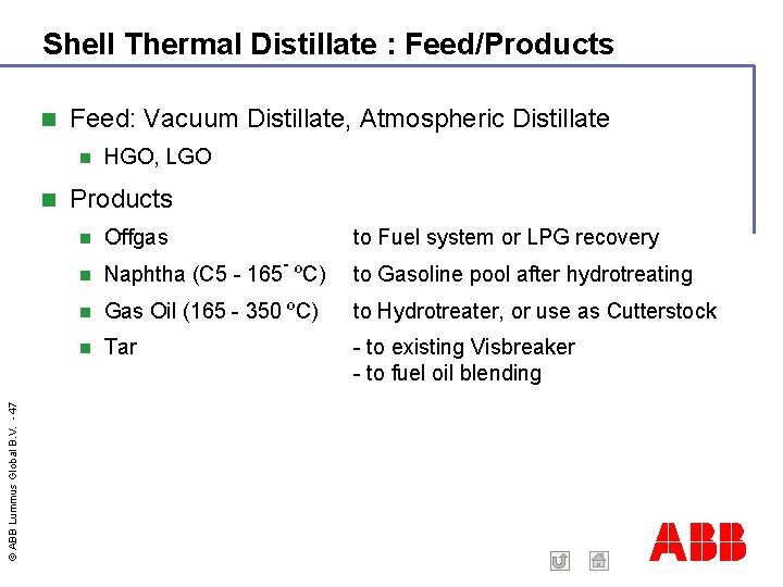 Shell Thermal Distillate : Feed/Products Feed: Vacuum Distillate, Atmospheric Distillate © ABB Lummus Global