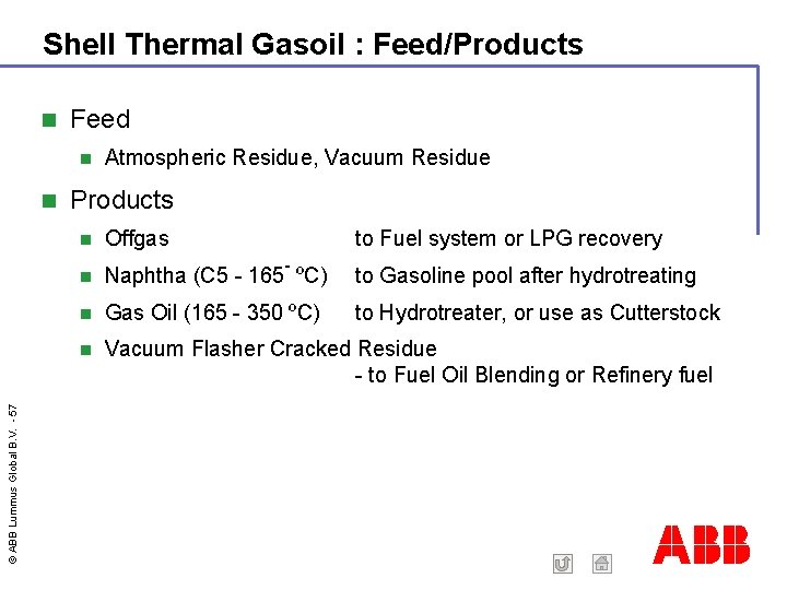 Shell Thermal Gasoil : Feed/Products Feed © ABB Lummus Global B. V. - 57