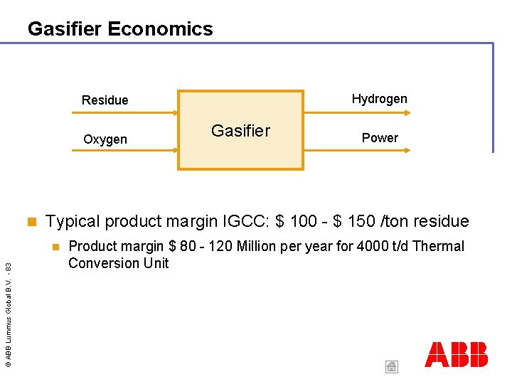 Gasifier Economics Hydrogen Residue Oxygen Power Typical product margin IGCC: $ 100 - $