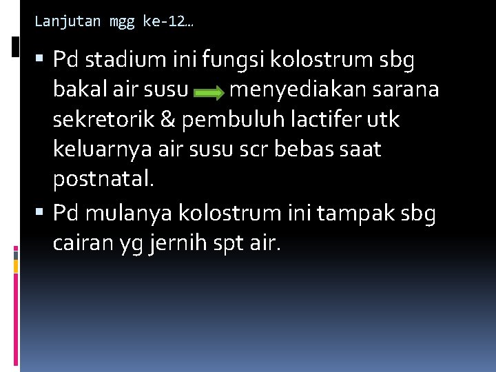 Lanjutan mgg ke-12… Pd stadium ini fungsi kolostrum sbg bakal air susu menyediakan sarana