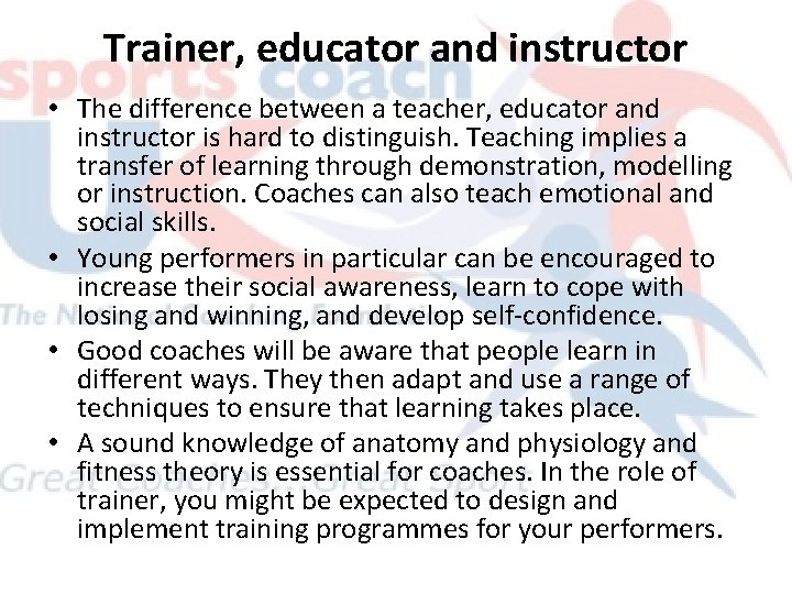 Trainer, educator and instructor • The difference between a teacher, educator and instructor is Trainer, educator and instructor • The difference between a teacher, educator and instructor is