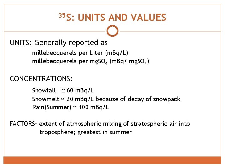 35 S: UNITS AND VALUES UNITS: Generally reported as millebecquerels per Liter (m. Bq/L)