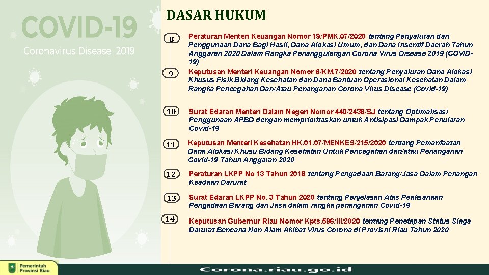 DASAR HUKUM 8 9 Peraturan Menteri Keuangan Nomor 19/PMK. 07/2020 tentang Penyaluran dan Penggunaan