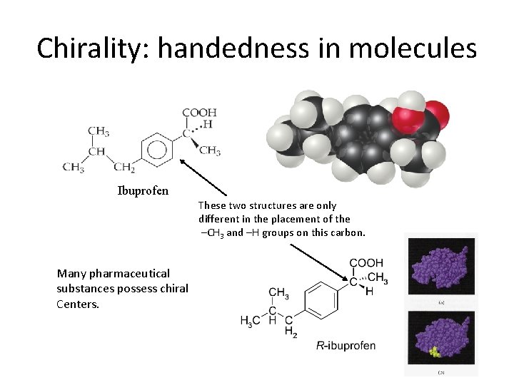 Chirality: handedness in molecules Ibuprofen These two structures are only different in the placement