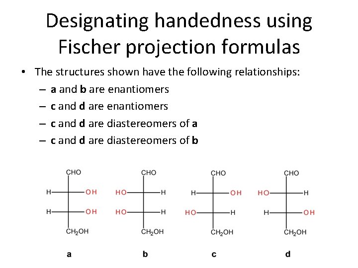 Designating handedness using Fischer projection formulas • The structures shown have the following relationships: