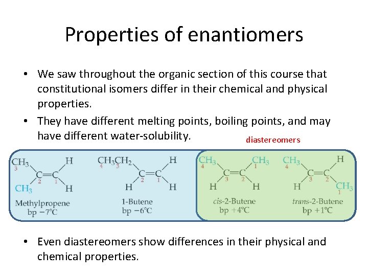 Properties of enantiomers • We saw throughout the organic section of this course that