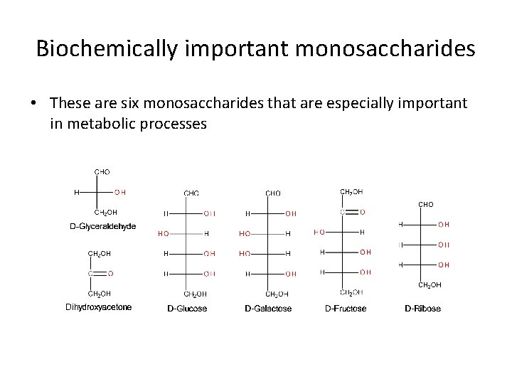 Biochemically important monosaccharides • These are six monosaccharides that are especially important in metabolic