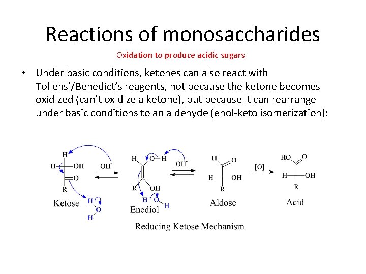 Reactions of monosaccharides Oxidation to produce acidic sugars • Under basic conditions, ketones can