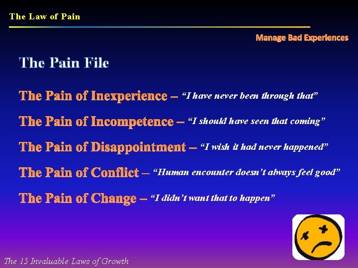 The Law of Pain Manage Bad Experiences The Pain File The Pain of Inexperience