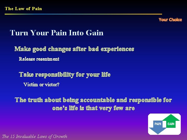 The Law of Pain Your Choice Turn Your Pain Into Gain Make good changes