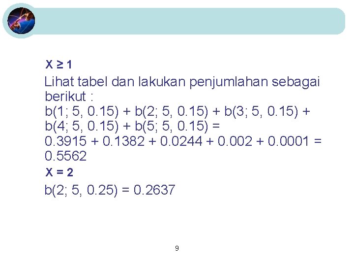 X≥ 1 Lihat tabel dan lakukan penjumlahan sebagai berikut : b(1; 5, 0. 15)