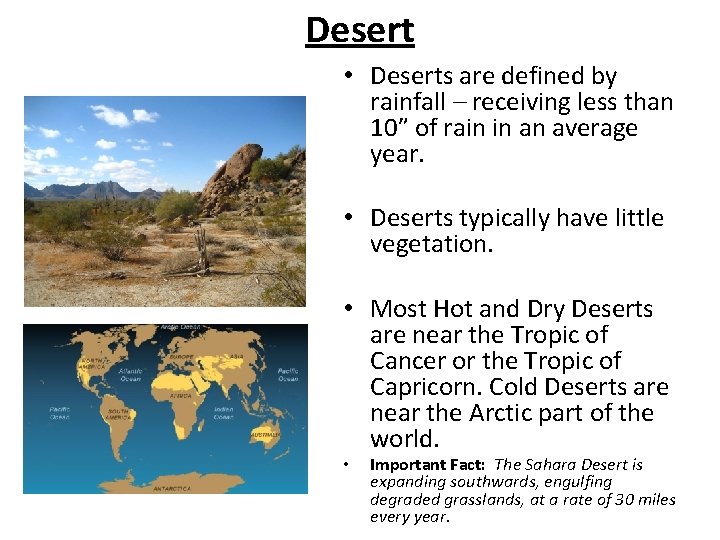 Desert • Deserts are defined by rainfall – receiving less than 10” of rain