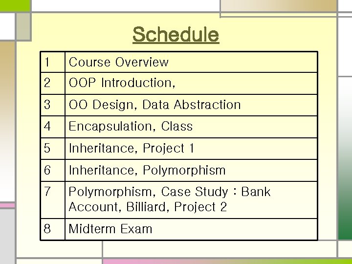 Schedule 1 Course Overview 2 OOP Introduction, 3 OO Design, Data Abstraction 4 Encapsulation,