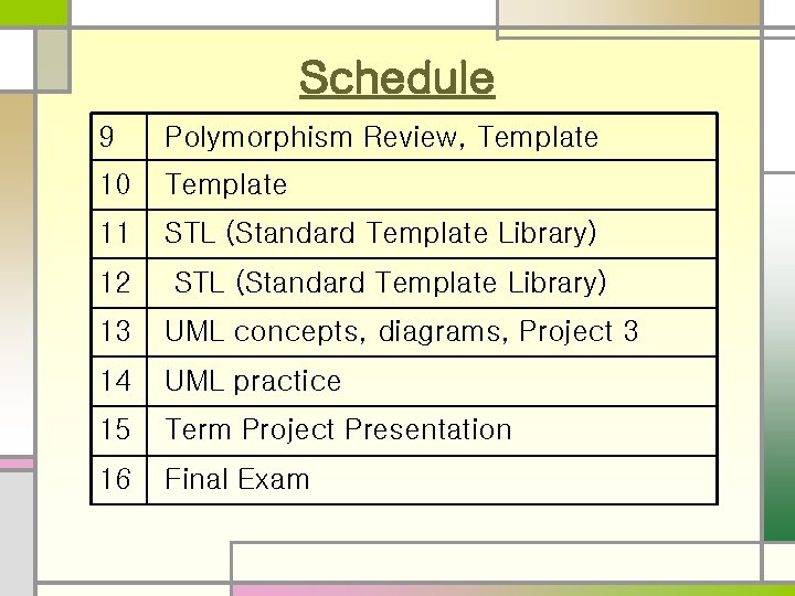 Schedule 9 Polymorphism Review, Template 10 Template 11 STL (Standard Template Library) 12 STL