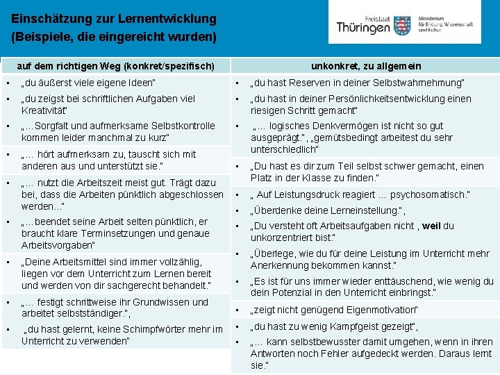 Einschätzung zur Lernentwicklung (Beispiele, die eingereicht wurden) unkonkret, zu allgemein auf dem richtigen Weg