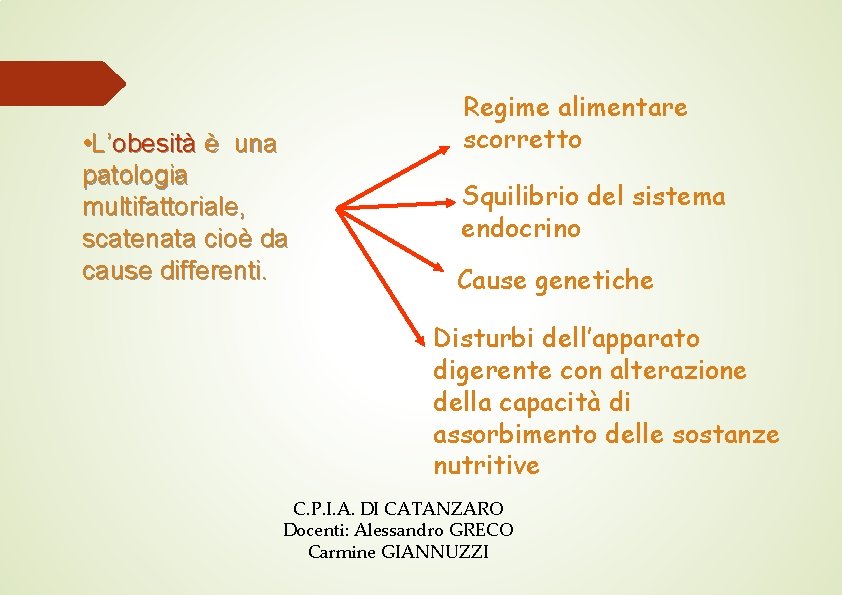  • L’obesità è una patologia multifattoriale, scatenata cioè da cause differenti. Regime alimentare