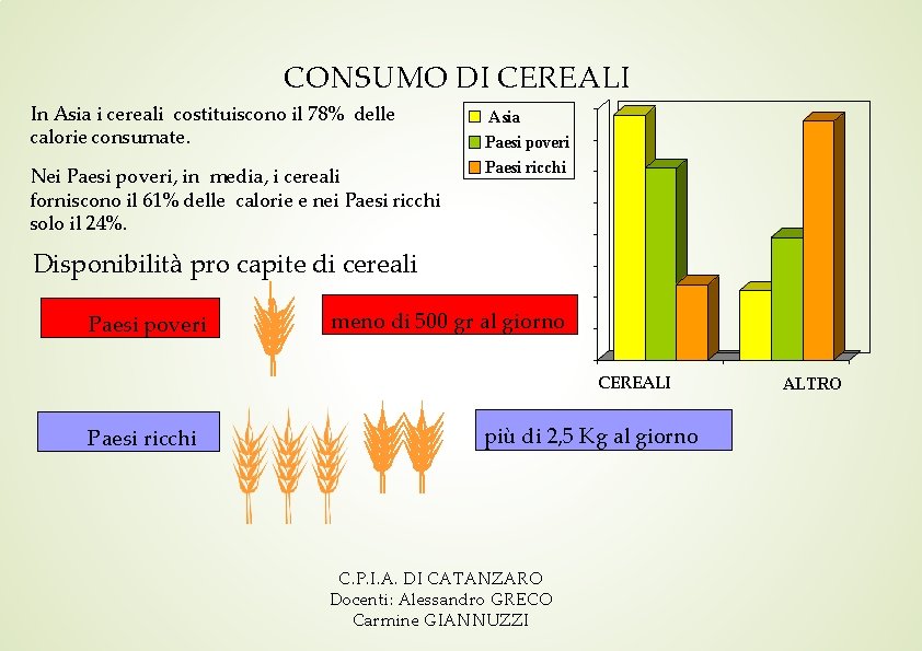 CONSUMO DI CEREALI In Asia i cereali costituiscono il 78% delle calorie consumate. Nei