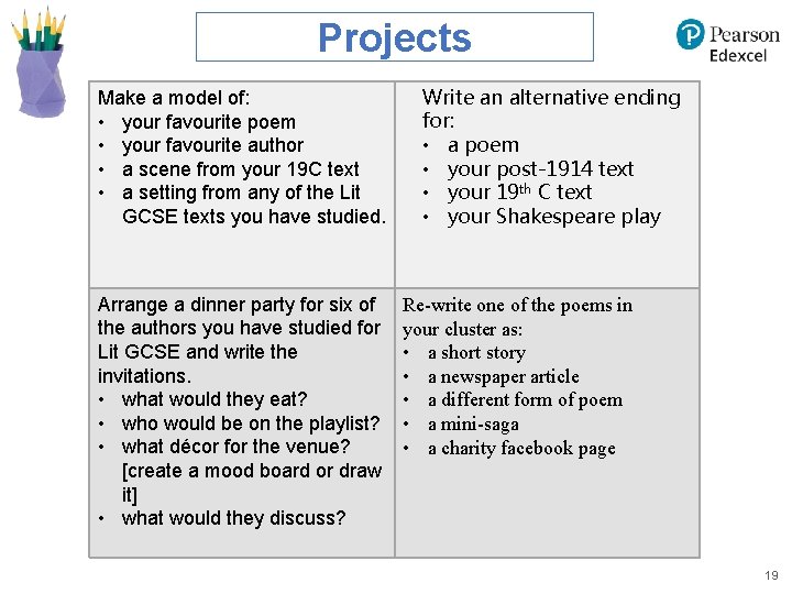 Projects Make a model of: • your favourite poem • your favourite author •